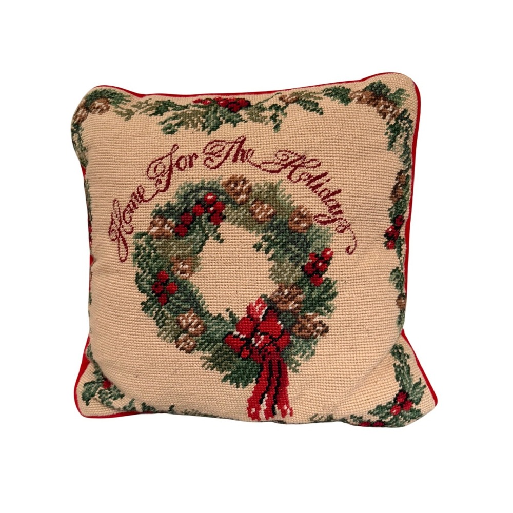 Lillian Vernon Needlepoint Pillow Christmas Holidays 12in Red Cream Wreath